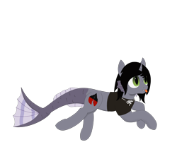 Size: 2000x1800 | Tagged: safe, artist:thekamko, derpibooru exclusive, hybrid, pony, clothes, fangs, fins, fish tail, half-siren, jewelry, kellin quinn, mlem, necklace, ponified, prone, scales, shirt, silly, simple background, smiling, solo, tongue out, transparent background