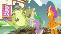 Size: 1920x1080 | Tagged: safe, derpibooru import, screencap, sludge (g4), smolder, spike, dragon, father knows beast, crater, dirt, discovery family logo, dragoness, female, finger gun, finger guns, male, ponyville, raised eyebrow, smiling, winged spike
