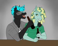 Size: 2527x2000 | Tagged: safe, artist:caff, oc, oc only, oc:blu keys, oc:shark bait, anthro, pony, alcohol, beer, clothes, dreadlocks, ear piercing, earring, having a beer, jewelry, necktie, piercing