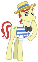 Size: 1500x2403 | Tagged: safe, alternate version, artist:sketchmcreations, flim, pony, unicorn, friendship university, bowtie, clothes, hat, hoof on chin, looking at you, male, shirt, simple background, smiling, stallion, transparent background, vector