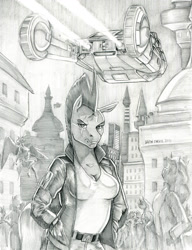 Size: 999x1300 | Tagged: safe, artist:baron engel, tempest shadow, anthro, unicorn, blade runner, breasts, broken horn, clothes, eye scar, female, grayscale, horn, jacket, mare, monochrome, pencil drawing, scar, solo focus, spinner, story included, tempest pillows, traditional art, vehicle