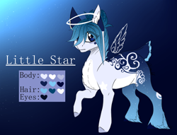 Size: 1272x972 | Tagged: safe, artist:lunawolf28, derpibooru import, oc, oc:little star, pony, artificial wings, augmented, deer tail, female, magic, magic wings, reference sheet, solo, unshorn fetlocks, wings