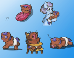 Size: 1041x813 | Tagged: safe, artist:ravenpuff, oc, oc only, oc:skye gazer, pegasus, pony, baby, baby pony, chair, crawling, crying, diaper, eyes closed, gradient background, milk bottle, pacifier, pegasus oc, sitting, sleeping, swaddling, unshorn fetlocks, wings