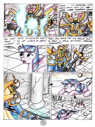 Size: 2417x3232 | Tagged: safe, artist:40kponyguy, derpibooru exclusive, twilight sparkle, twilight sparkle (alicorn), alicorn, 40kponyguy's the staff of aurelian, ahzek ahriman, armor, comic, crossover, power armor, traditional art, tzeentch, warhammer (game), warhammer 40k