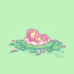 Size: 500x500 | Tagged: safe, artist:fablefire, fluttershy, pegasus, pony, cute, eyes closed, female, green background, lilypad, mare, profile, prone, shyabetes, simple background, solo