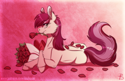 Size: 1500x971 | Tagged: safe, artist:inuhoshi-to-darkpen, roseluck, earth pony, pony, blushing, bouquet, cheek fluff, chest fluff, crossed legs, ear fluff, female, flower, flower in mouth, looking at you, mare, mouth hold, petals, pink background, prone, remake, rose, rose in mouth, solo, unshorn fetlocks