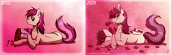 Size: 3000x971 | Tagged: safe, artist:inuhoshi-to-darkpen, roseluck, earth pony, pony, 2012, 2020, art evolution, bouquet, female, flower, flower in mouth, mare, mouth hold, petals, pink background, prone, remake, rose, rose in mouth, simple background, solo
