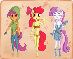 Size: 2500x2000 | Tagged: safe, alternate version, artist:neko-me, apple bloom, scootaloo, sweetie belle, anthro, earth pony, pegasus, unguligrade anthro, unicorn, abstract background, apple bloomed, apple buruma project, autumn, boobaloo, boots, bow, breasts, clothes, cutie mark, cutie mark crusaders, eyes closed, female, fingerless gloves, gloves, hair bow, hoodie, jeans, leaf, looking at you, midriff, older, older apple bloom, older scootaloo, older sweetie belle, overalls, pants, peace sign, ripped pants, shoes, sleeveless, sweetie boobs, toolbelt, torn clothes, trio