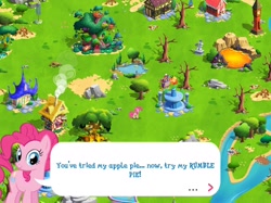 Size: 2049x1536 | Tagged: safe, pinkie pie, earth pony, pony, clock tower, dead tree, element of honesty, female, game screencap, gameloft, golden oaks library, harmony stones, house, implied rumble, lava, lava pool, mare, pier, pond, river, speech bubble, statue, tree