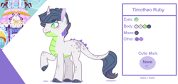 Size: 1438x680 | Tagged: safe, artist:onedayhm, derpibooru import, oc, oc only, oc:timotheo ruby, dracony, hybrid, claw hooves, horn, interspecies offspring, male, offspring, parent:rarity, parent:spike, parents:sparity, raised hoof, reference sheet, solo