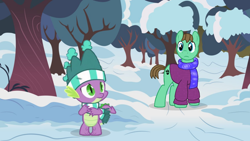 Size: 1280x720 | Tagged: safe, derpibooru import, spike, oc, oc:ian, dragon, earth pony, pony, best gift ever, clothes, duo, fanfiction cover, forest, hat, lost, male, opportunity, scared, scarf, snow, stallion, sweater, tree, winged spike