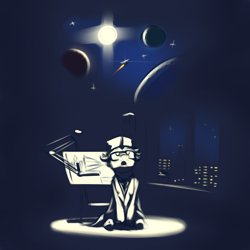 Size: 4000x4000 | Tagged: safe, artist:toanderic, pony, unicorn, blueprint, clothes, colored sketch, engineer, glasses, lab coat, night, planet, rocket, scientist, sketch, solo, space, stars, window