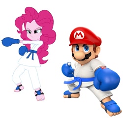 Size: 1080x1038 | Tagged: safe, artist:eddazzling81, pinkie pie, human, equestria girls, barefoot, barely eqg related, blue belt, clothes, crossover, crossover shipping, feet, female, fingerless gloves, foot pad, gi, gloves, karate, karate gloves, male, mario, mario & sonic, mario & sonic at the olympic games, mario & sonic at the olympic games tokyo 2020, mario and sonic, mario and sonic at the olympic games, mariopie, martial arts, nintendo, robe, shipping, straight, super mario bros.