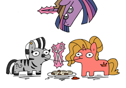 Size: 1000x695 | Tagged: safe, artist:toonbat, luster dawn, princess twilight 2.0, twilight sparkle, twilight sparkle (alicorn), oc, oc:zizzie, alicorn, pony, unicorn, zebra, the last problem, disapproval, food, implied lesbian, lady and the tramp, lustie, older, older twilight, pasta, scissors, shipping denied, spaghetti, squatpony, style emulation, twiggie 2.0, zebra oc