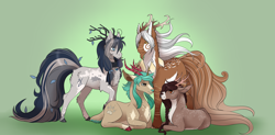 Size: 4063x2000 | Tagged: safe, artist:caff, oc, oc only, deer, deer pony, original species, colored hooves, commission, gradient background, group, prone