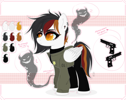 Size: 4300x3400 | Tagged: safe, artist:666lost-soul666, oc, oc only, oc:mist-erie wings, demon, ghost, pegasus, pony, badge, beretta, beretta 92fs, clothes, cross, detective, ear piercing, earring, eyeshadow, female, gun, handgun, heart eyes, jacket, jeans, jewelry, makeup, mare, pants, piercing, pistol, reference sheet, simple background, solo, sweater, weapon, white background, wingding eyes