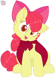 Size: 773x1080 | Tagged: safe, artist:rainbow eevee, apple bloom, earth pony, pony, adorabloom, bow, cape, cheek fluff, clothes, cute, eyelashes, female, filly, looking at you, open mouth, orange eyes, simple background, sitting, smiling, smiling at you, solo, transparent background, vector