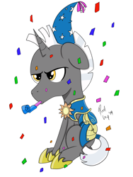 Size: 1668x2224 | Tagged: safe, artist:pixelgrip94, oc, oc:scope, pony, unicorn, confetti, digital art, hat, hoof shoes, male, party hat, party horn, simple background, stallion, white background