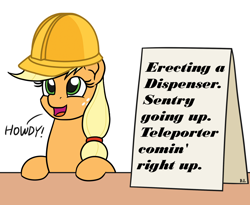 Size: 1100x900 | Tagged: safe, artist:mkogwheel edits, edit, applejack, earth pony, pony, applejack's sign, cute, engiejack, engineer, female, helmet, howdy, open mouth, sign, simple background, smiling, solo, table, team fortress 2, text, white background