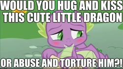 Size: 1024x576 | Tagged: safe, derpibooru import, edit, edited screencap, editor:useraccount, screencap, spike, dragon, father knows beast, abuse, blushing, cute, image macro, meme, question, spikabetes, spikeabuse, winged spike