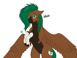 Size: 2668x2000 | Tagged: safe, artist:caff, oc, oc only, oc:caff, oc:caffeine hazard, pegasus, pony, bandage, floppy ears, hoof wraps, rearing, sad, simple background, solo, sore, teary eyes, wavy mouth, white background