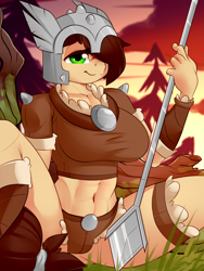 Size: 1500x2000 | Tagged: safe, artist:amberpendant, derpibooru import, steela oresdotter, anthro, earth pony, abs, belly button, dawn, female, forest, hair, helmet, looking at you, midriff, scar, solo, spear, tail, weapon