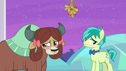 Size: 2063x1161 | Tagged: safe, edit, edited screencap, screencap, sandbar, yona, earth pony, pony, yak, she's all yak, blushing, bowtie, christmas, female, hearth's warming, heartwarming, holiday, holly, holly mistaken for mistletoe, male, mistleholly, now kiss, shipping, shy, smiling, straight, this will end in kisses, treehouse of harmony, yonabar