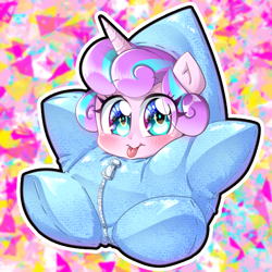 Size: 600x600 | Tagged: safe, artist:thegreatrouge, derpibooru import, princess flurry heart, pony, best gift ever, baby, baby pony, blushing, clothes, cute, female, flurrybetes, smiling, solo, star flurry heart, tongue out, weapons-grade cute