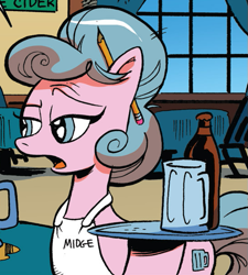 Size: 549x610 | Tagged: safe, idw, earth pony, pony, spoiler:comic, spoiler:comic34, apron, beer bottle, clothes, midge, naked apron, pencil, tray