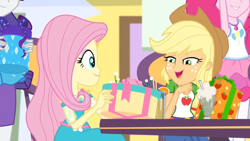 Size: 1600x900 | Tagged: safe, screencap, applejack, fluttershy, pinkie pie, rarity, better together, equestria girls, holidays unwrapped, box, chair, clothes, dress, faic, geode of fauna, gift box, hat, magical geodes, milkshake, present, sitting