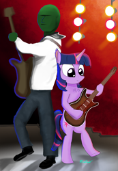 Size: 2084x3015 | Tagged: safe, artist:firefoxd, twilight sparkle, oc, oc:anon, pony, unicorn, band, electric guitar, guitar, musical instrument, smoke