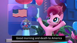 Size: 800x450 | Tagged: safe, edit, edited screencap, screencap, pinkie pie, earth pony, pony, hello pinkie pie, balloon, dissonant caption, female, flag, gumball machine, mare, meme, memri tv, mood whiplash, plant, smiling, solo, text, usa flag