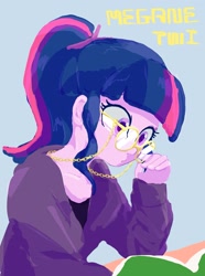 Size: 1526x2048 | Tagged: safe, artist:noupu, derpibooru import, sci-twi, twilight sparkle, equestria girls, book, clothes, female, glasses, solo