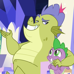 Size: 1079x1078 | Tagged: safe, derpibooru import, screencap, sludge (g4), spike, dragon, father knows beast, cropped, crossed legs, duo, eye contact, friendship throne, looking at each other, male, raised eyebrow, side hug, smiling, this will end in tears, throne, twilight's castle, winged spike