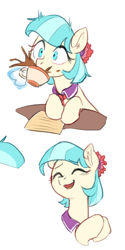 Size: 410x823 | Tagged: safe, artist:luciferamon, coco pommel, earth pony, pony, blushing, bust, clothes, cocobetes, coffee, cup, cute, drinking, eyes closed, female, flower, flower in hair, happy, hooves together, leaning, levitation, magic, mare, mug, necktie, open mouth, paper, simple background, sketch, smiling, solo, spit take, spitting, surprised, table, tail, teacup, telekinesis, white background, wide eyes