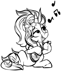 Size: 1024x1178 | Tagged: safe, artist:kellythedrawinguni, derpibooru import, oc, oc:bramble angel mele, pony, unicorn, female, flower, flower in hair, mare, monochrome, simple background, solo, transparent background, ukulele, underhoof