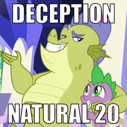 Size: 500x500 | Tagged: safe, derpibooru import, edit, edited screencap, screencap, sludge (g4), spike, dragon, father knows beast, blatant lies, cropped, dungeons and dragons, eye contact, friendship throne, image macro, looking at each other, male, meme, pen and paper rpg, raised eyebrow, reaction image, rpg, side hug, smiling, telling lies, text, this will end in tears, throne, twilight's castle, winged spike