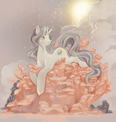 Size: 1200x1263 | Tagged: safe, artist:saint-juniper, oc, oc:sun shower, pony, unicorn, cloud, prone, rain, rock, solo, sun