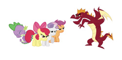 Size: 750x371 | Tagged: safe, artist:ex-machinart, artist:iamcommando13, artist:itsmeevo, artist:shipwright, artist:silentmatten, edit, editor:undeadponysoldier, apple bloom, garble, scootaloo, spike, sweetie belle, dragon, earth pony, pegasus, pony, unicorn, angry, crying, cutie mark crusaders, female, filly, protecting, reupload, simple background, spike justice warriors, spikelove, white background