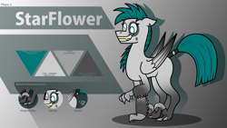 Size: 3840x2160 | Tagged: safe, artist:checkered, oc, oc:starflower(check's), hybrid, original species, pony, abstract background, character select, claws, ear piercing, fangs, female, floppy ears, hybrid dinosaur, mare, piercing, reference sheet, solo