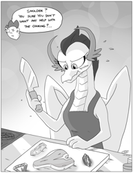 Size: 2550x3300 | Tagged: safe, artist:loreto-arts, smolder, spike, dragon, apron, black and white, blushing, clothes, commission, cooking, dragoness, female, grayscale, housewife, knife, male, monochrome, naked apron, older, older smolder, older spike, shipping, spolder, straight