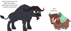 Size: 2670x1186 | Tagged: safe, artist:shadymeadow, yona, oc, oc:don haramu, buffalo, yak, african buffalo, bow, cloven hooves, duo, female, hair bow, male, oc villain, open mouth, simple background, transparent background