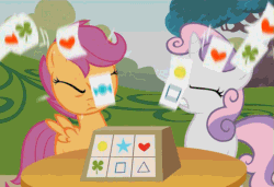 Size: 729x499 | Tagged: safe, screencap, scootaloo, sweetie belle, pegasus, unicorn, the show stoppers, animated, circle, clover, female, filly, gif, heart, square, stars, table, tree, triangle, zener cards