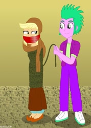 Size: 755x1058 | Tagged: safe, artist:robukun, applejack, spike, equestria girls, aladdin, bondage, clothes, cosplay, costume, equestria girls-ified, gag, human spike, jasmine, older, older spike, rope, tape, tape gag, tied up