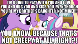 Size: 1280x720 | Tagged: safe, derpibooru import, edit, edited screencap, screencap, princess flurry heart, twilight sparkle, twilight sparkle (alicorn), alicorn, pony, a flurry of emotions, caption, excessive exclamation marks, image macro, op is wrong, smiling, text