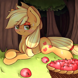 Size: 1280x1280 | Tagged: safe, artist:sadonax, derpibooru import, applejack, earth pony, pony, apple, applejack's hat, bedroom eyes, blushing, cowboy hat, cute, digital art, eye clipping through hair, female, food, hat, jackabetes, mare, prone, shading, solo, tree