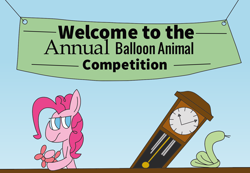 Size: 3776x2610 | Tagged: safe, artist:rainbowbacon, derpibooru import, pinkie pie, dog, earth pony, pony, swan, atg 2019, balloon, clock, competition, newbie artist training grounds