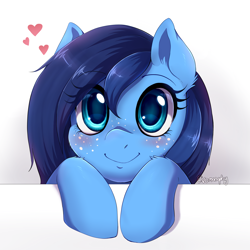 Size: 2000x2000 | Tagged: safe, artist:evomanaphy, oc, oc only, oc:stardust, pony, blushing, cute, diabetes intensifies, floating heart, freckles, heart, hooves on the table, looking at you, ocbetes, peeking, redraw, smiling, smiling at you, solo