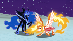 Size: 9321x5241 | Tagged: safe, artist:tsabak, daybreaker, nightmare moon, pony, absurd resolution, magic, moon, sword, vector, weapon