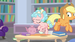 Size: 1280x720 | Tagged: safe, screencap, applejack, cozy glow, ocellus, earth pony, pegasus, pony, what lies beneath, book, bookshelf, disguise, disguised changeling, duo, eyes closed, teapot